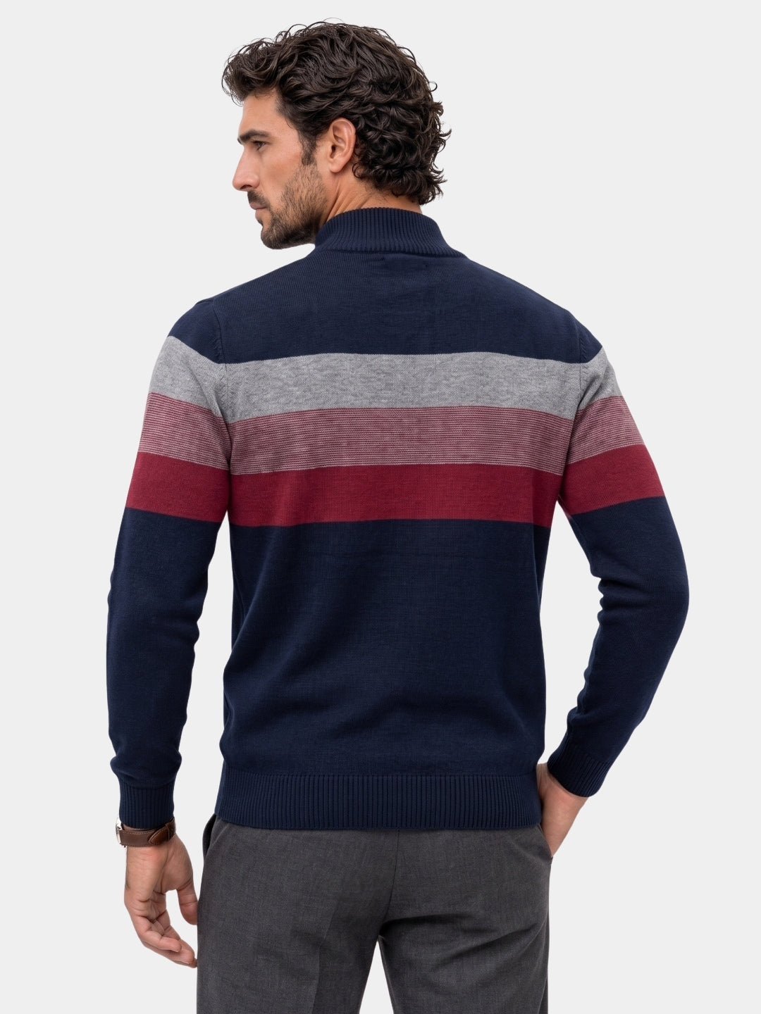 Back view of the striped quarter-zip sweater