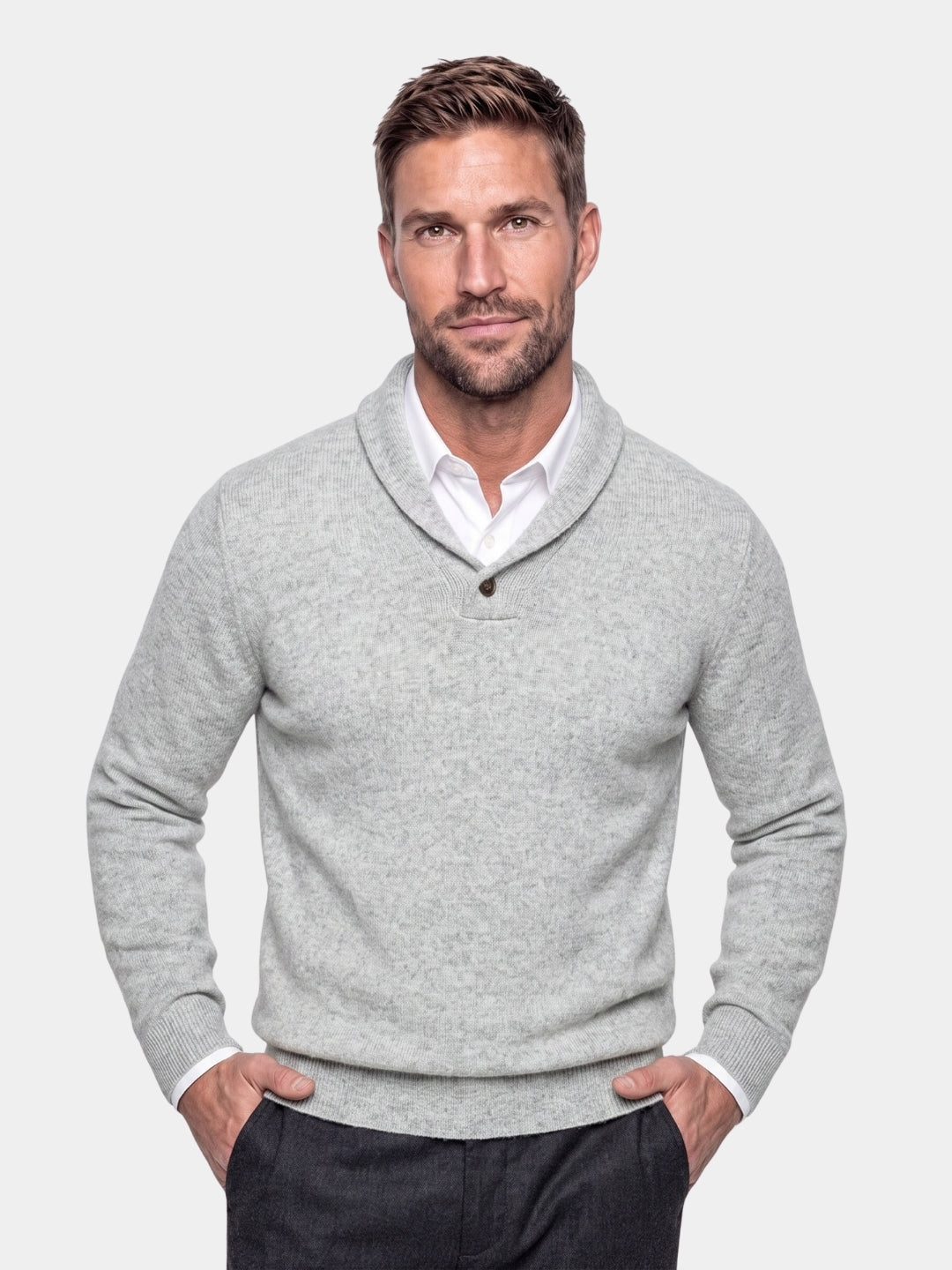 Back view of a gray shawl collar cashmere sweater