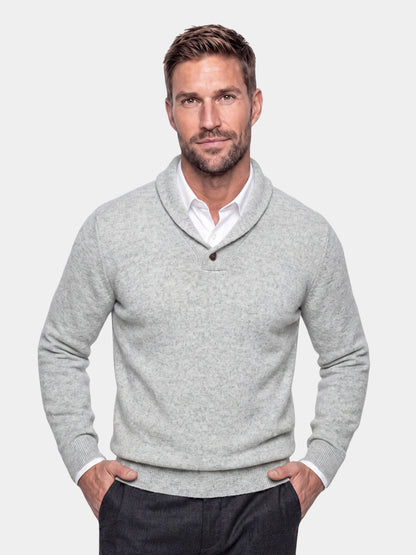 Back view of a gray shawl collar cashmere sweater