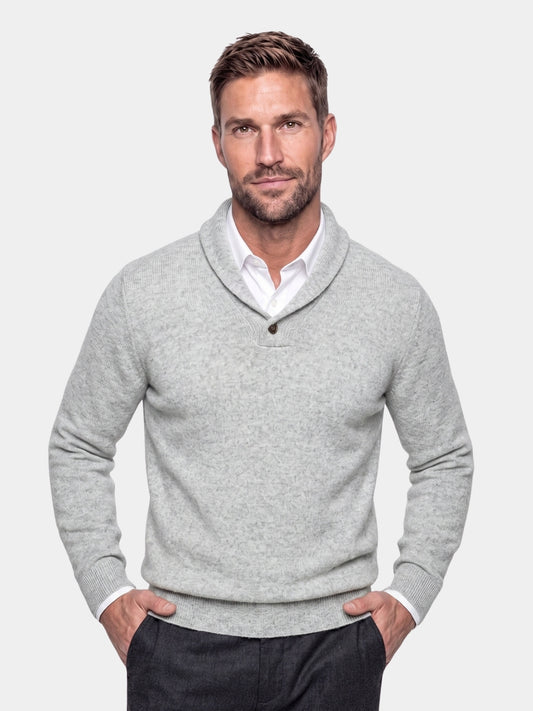 Back view of a gray shawl collar cashmere sweater