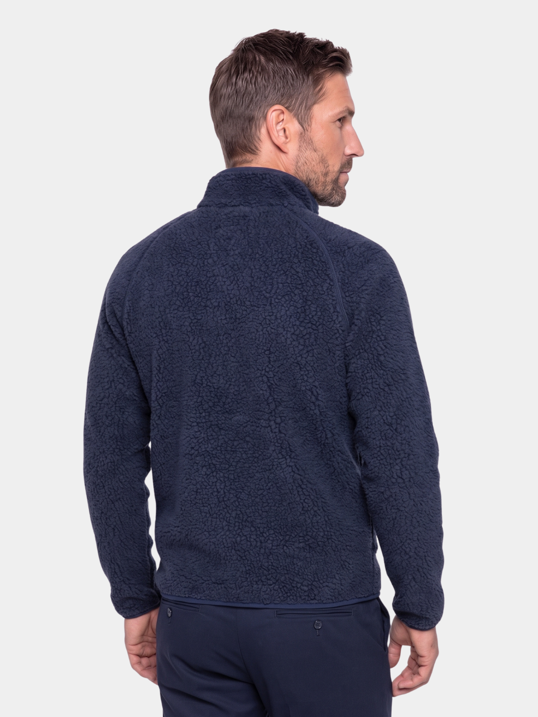 Back view of the navy sherpa jacket