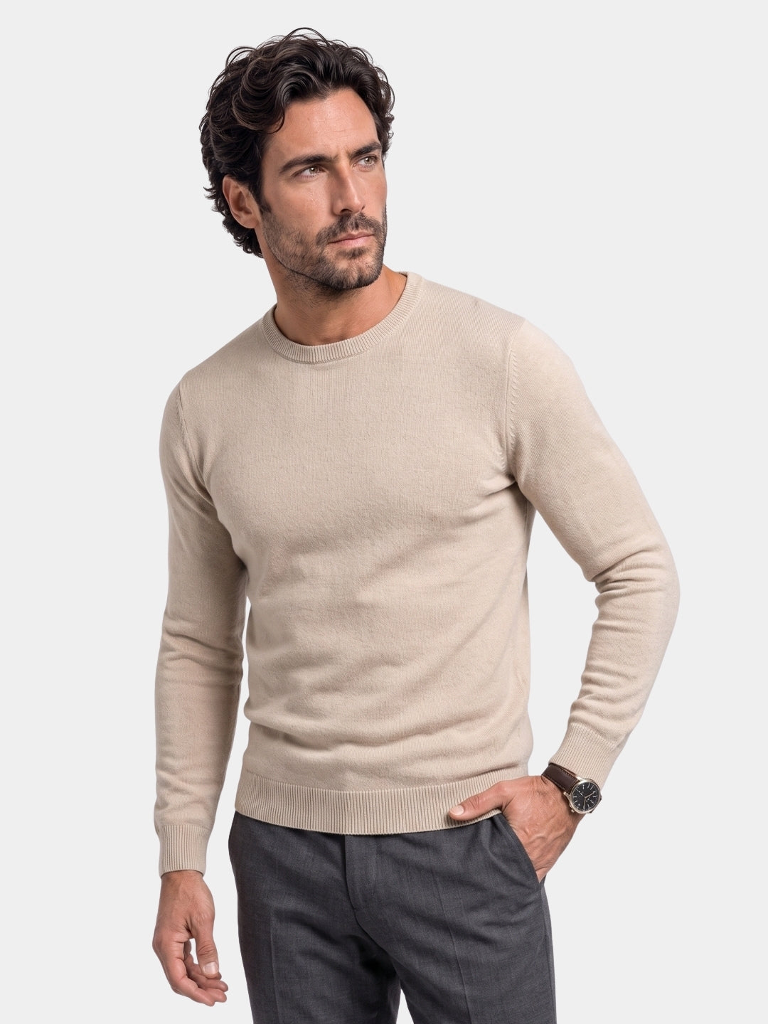 Man wearing a beige solid crew neck sweater