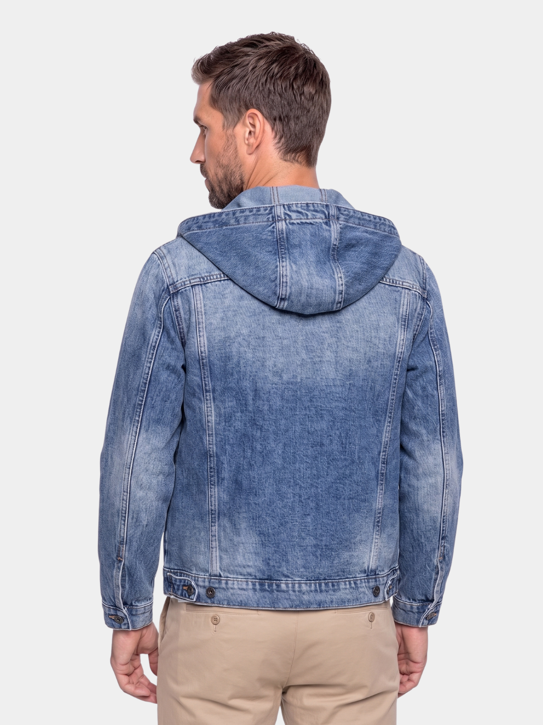 Back view of the hooded denim jacket showing the hood and yoke