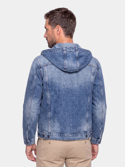 Back view of the hooded denim jacket showing the hood and yoke