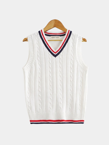 Front view of the white cable-knit cricket vest with striped trim.