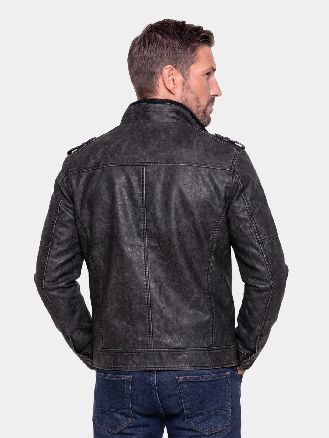 Back view of black tactical leather jacket