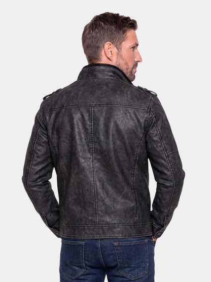 Back view of black tactical leather jacket