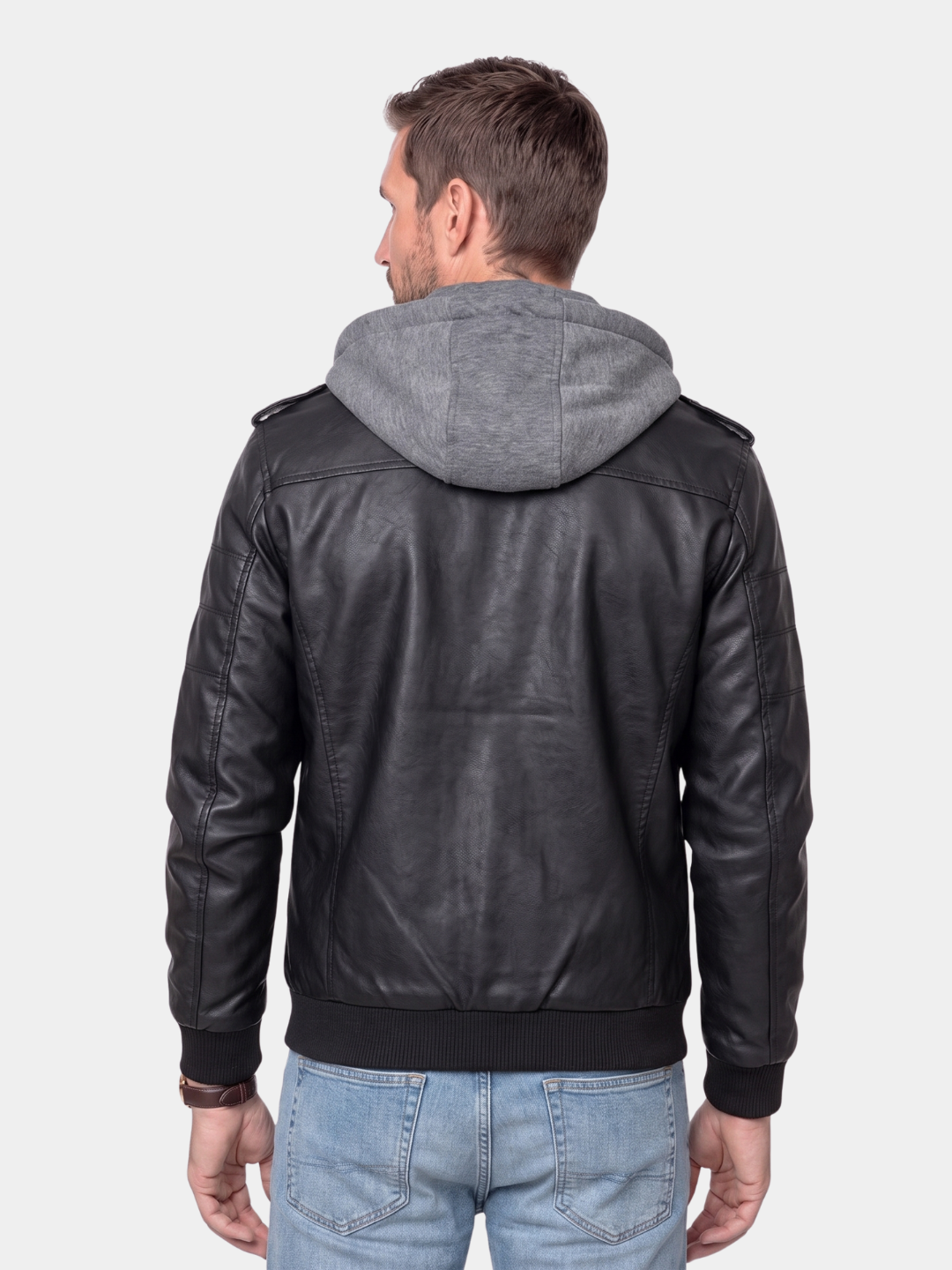 Back view of the black hooded moto jacket