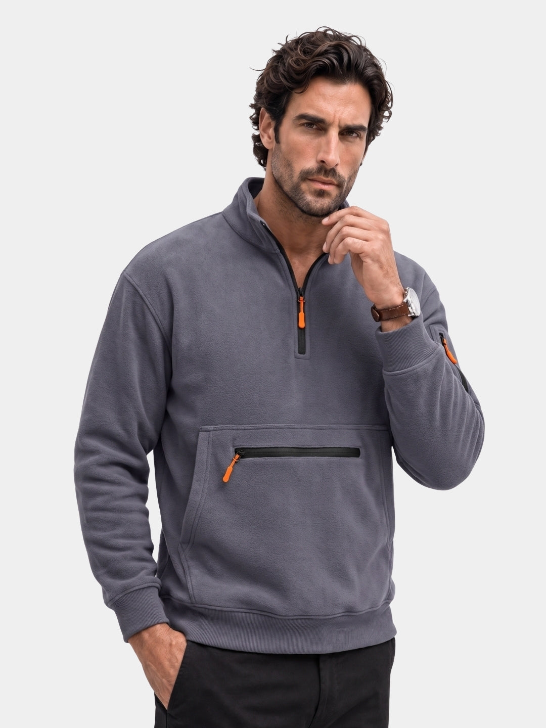 Man wearing gray utility quarter-zip pullover with chest pocket Cross & Crown