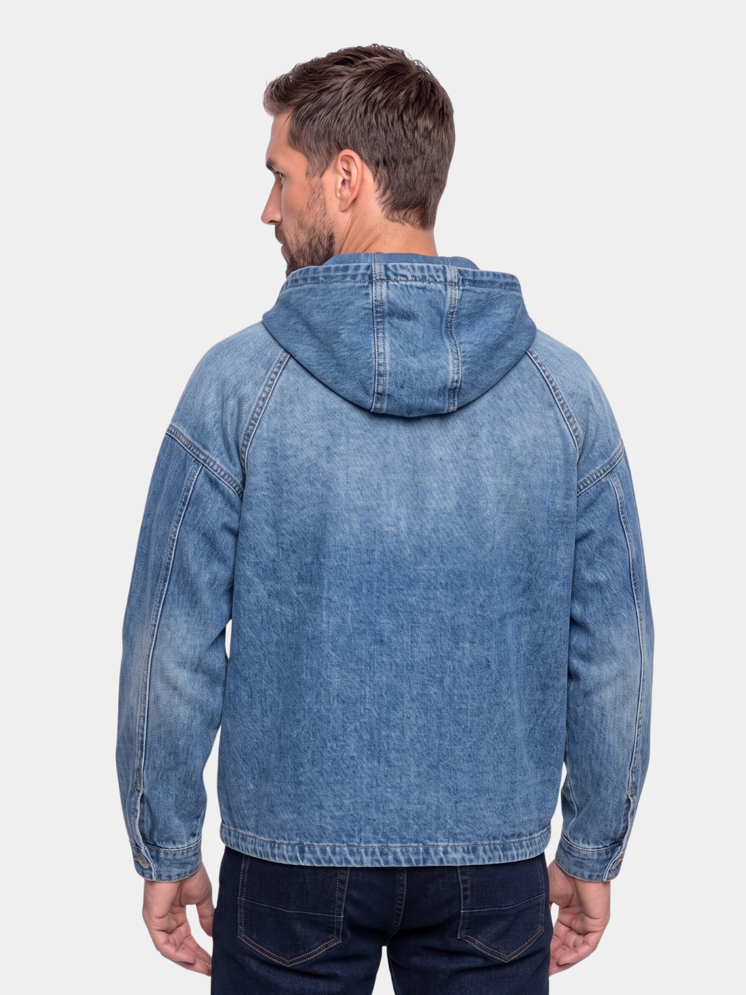 Back view of the denim hoodie showing the hood and raglan sleeve seams