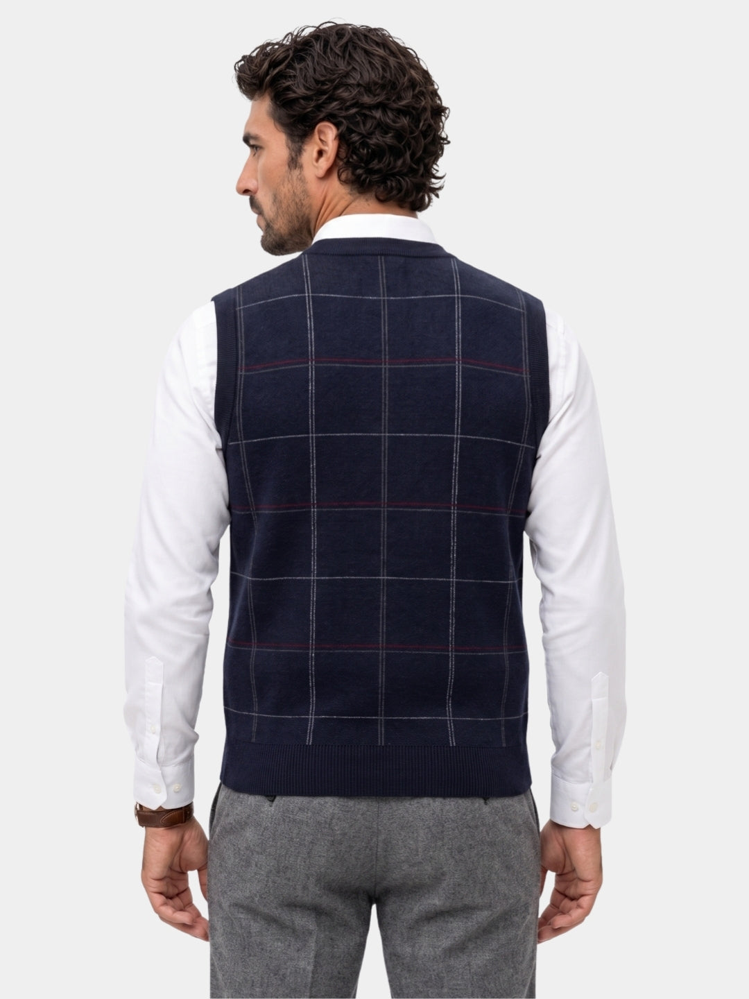 Back view of the navy windowpane check knit vest.