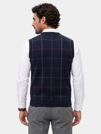 Back view of the navy windowpane check knit vest.