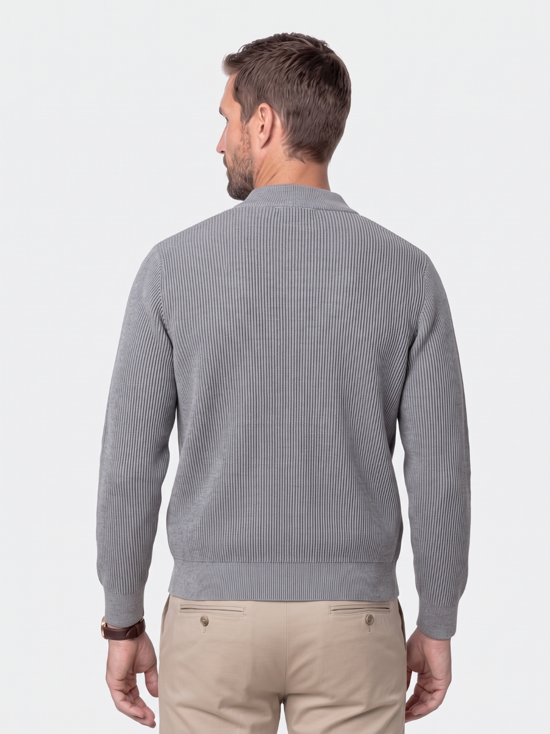 Back view of the gray ribbed cotton bomber jacket