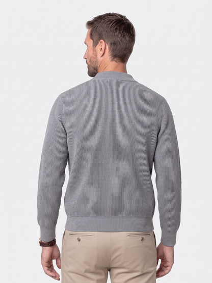 Back view of the gray ribbed cotton bomber jacket