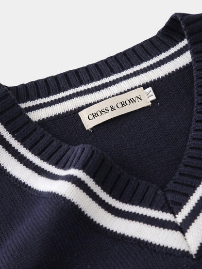 Close-up of the striped V-neck trim and brand label.