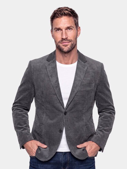 Cross & Crown man wearing the gray corduroy blazer over jeans