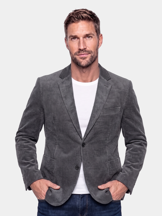 Cross & Crown man wearing the gray corduroy blazer over jeans
