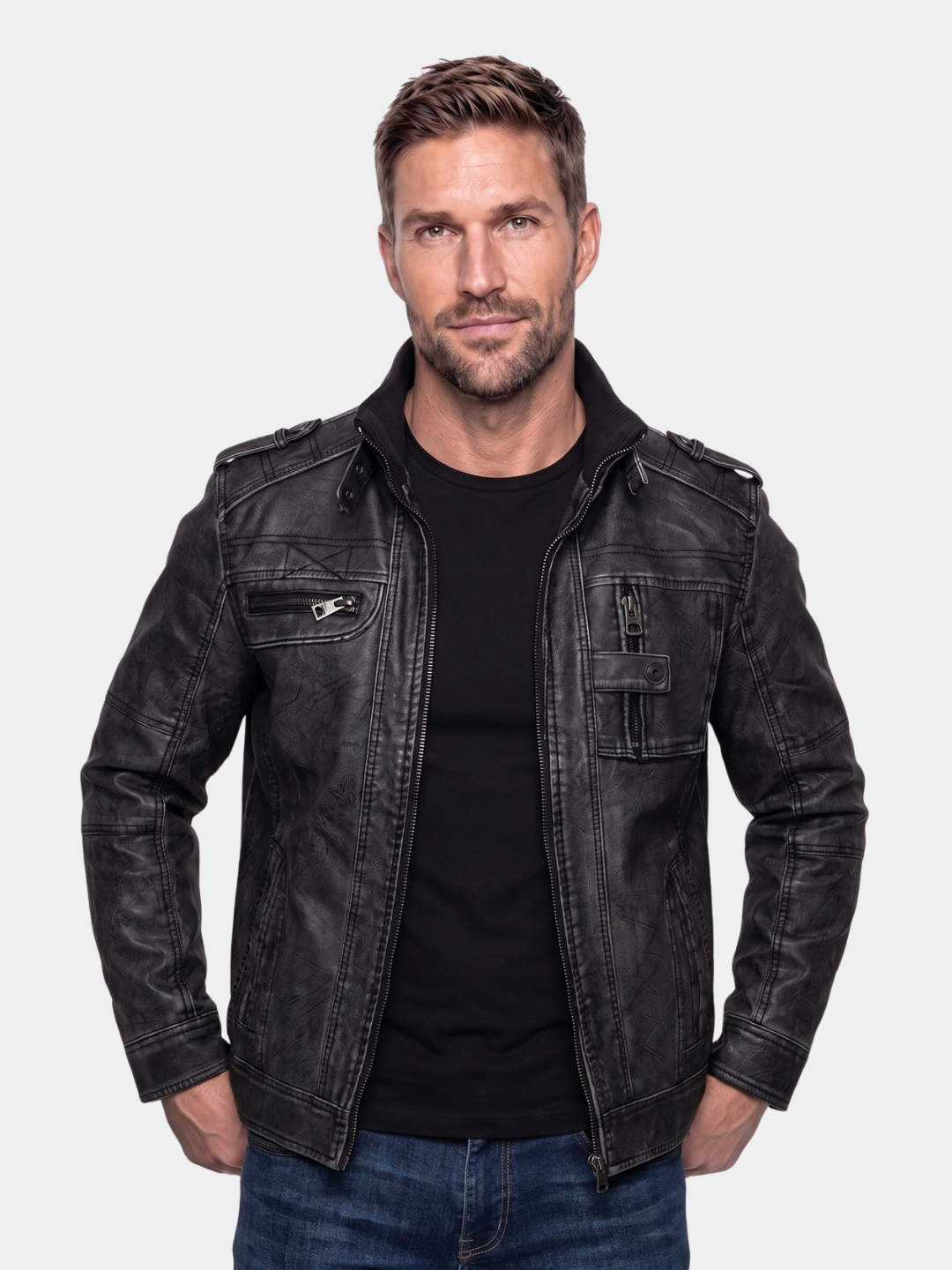 Cross & Crown man wearing black tactical leather jacket