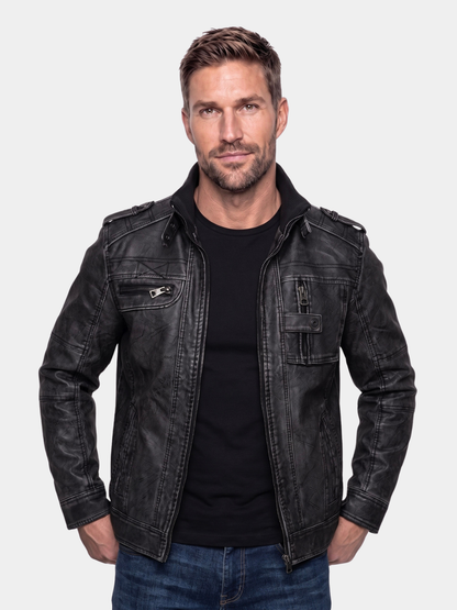Cross & Crown man wearing black tactical leather jacket