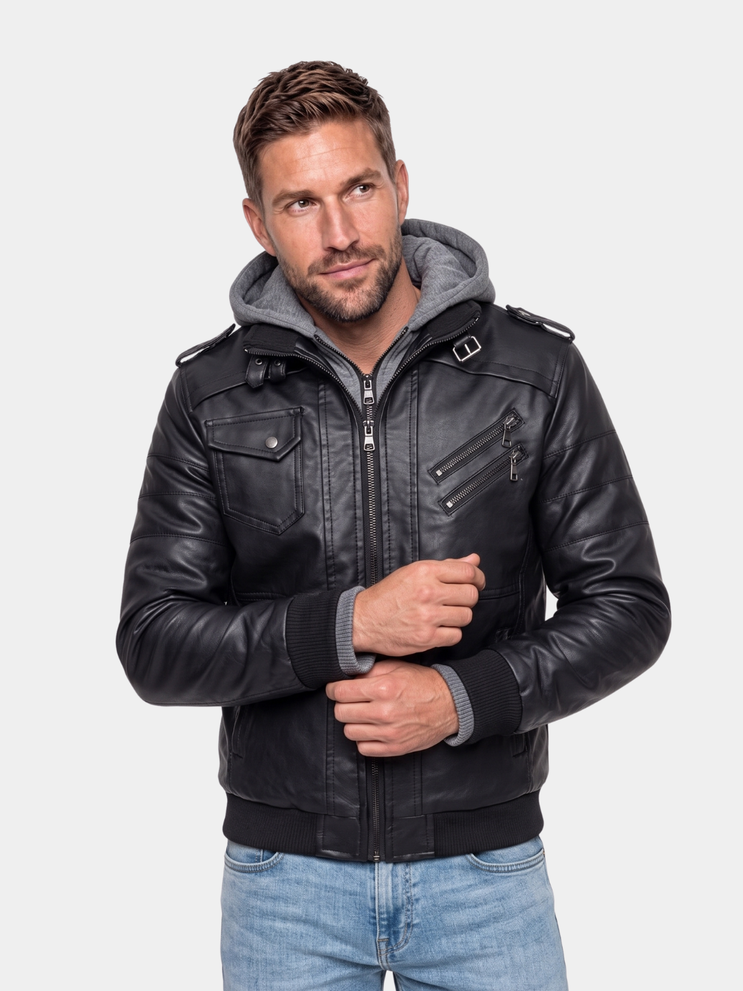 Man wearing a black hooded moto jacket, Cross & Crown