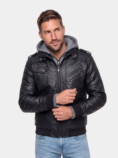 Man wearing a black hooded moto jacket, Cross & Crown