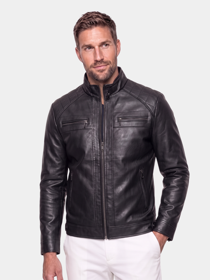 Cross & Crown man wearing black diamond-stitch leather jacket