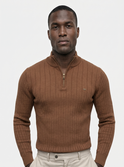 Cotton Knit Vertical Stripes Quarter-Zip Sweater - Cross & Crown