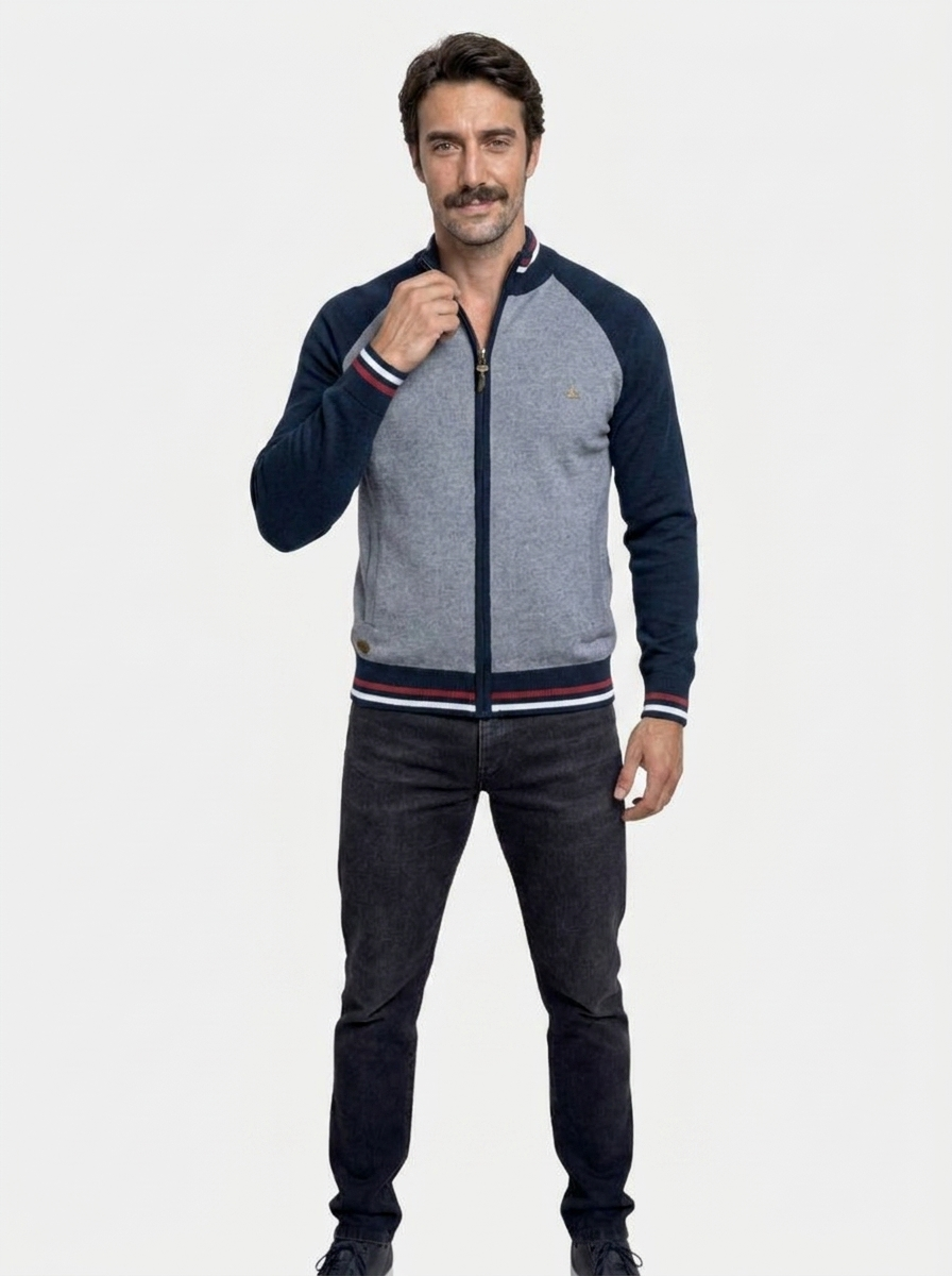 Zipper Color Block Standing Collar Cardigan Sweater - Cross & Crown