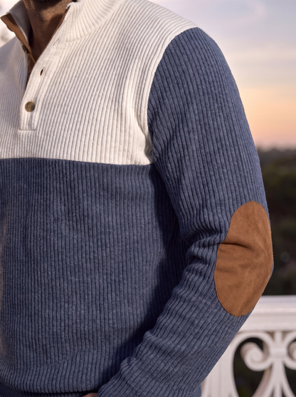 Close-up of the corduroy rib, button placket and elbow patch