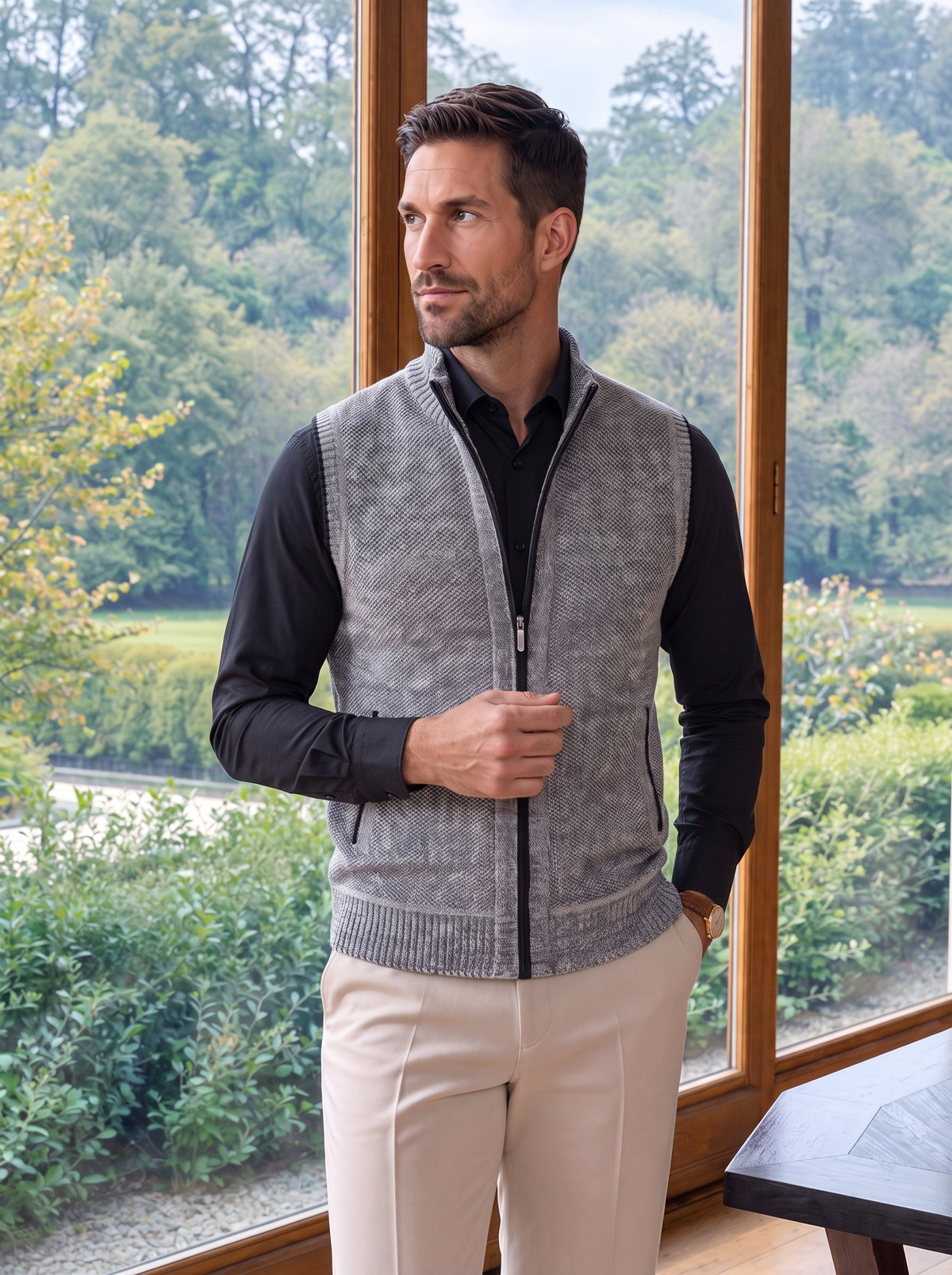 Gray full-zip sweater vest worn with a black shirt and cream trousers