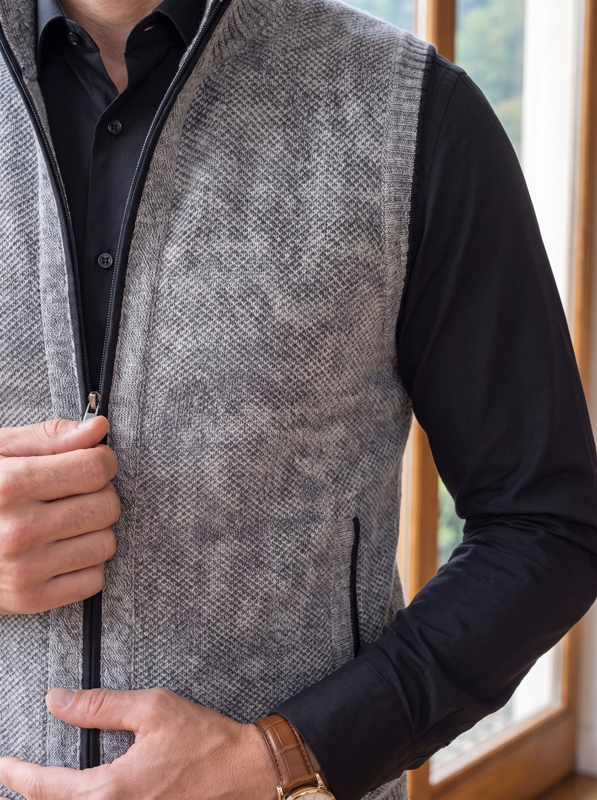 Close-up of the knit texture and zip on the gray sweater vest