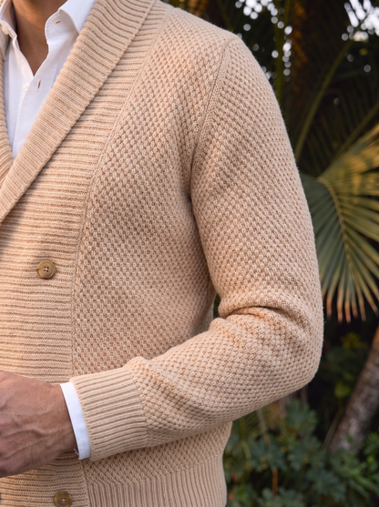 Close-up of the shawl collar and button, beige cardigan