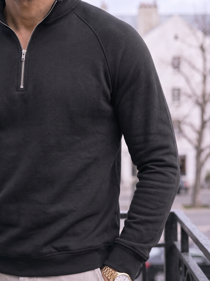 Close-up of the ribbed mock collar and zip pull in black