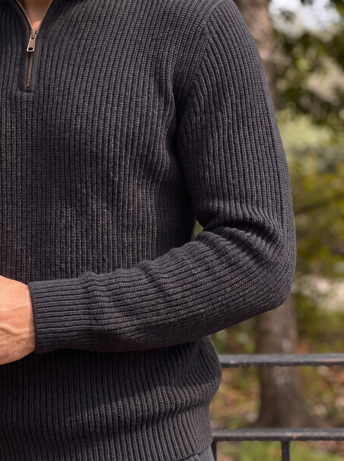 Close-up of the collar and zipper on the ribbed wool sweater