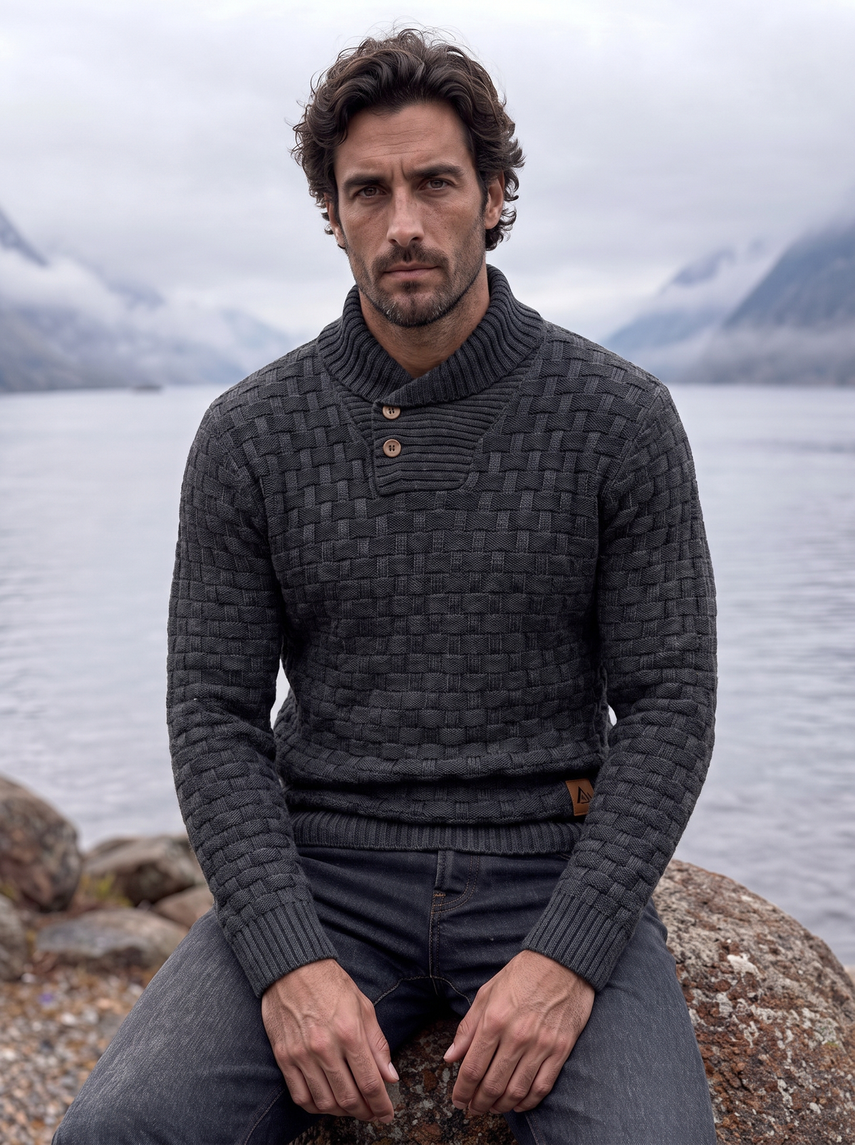 Man wearing the charcoal shawl collar pullover by a lake