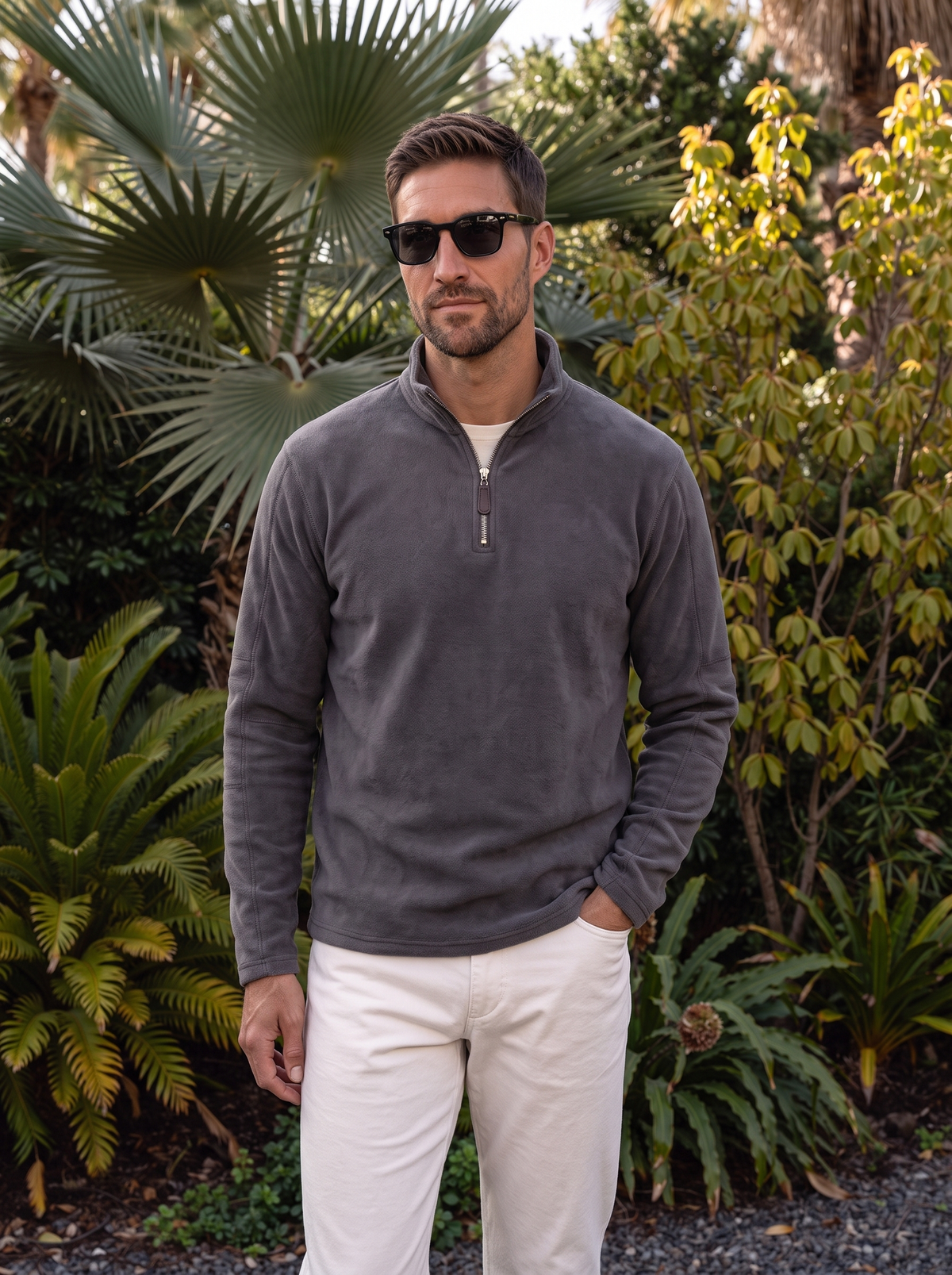 Man wearing the gray pullover outdoors
