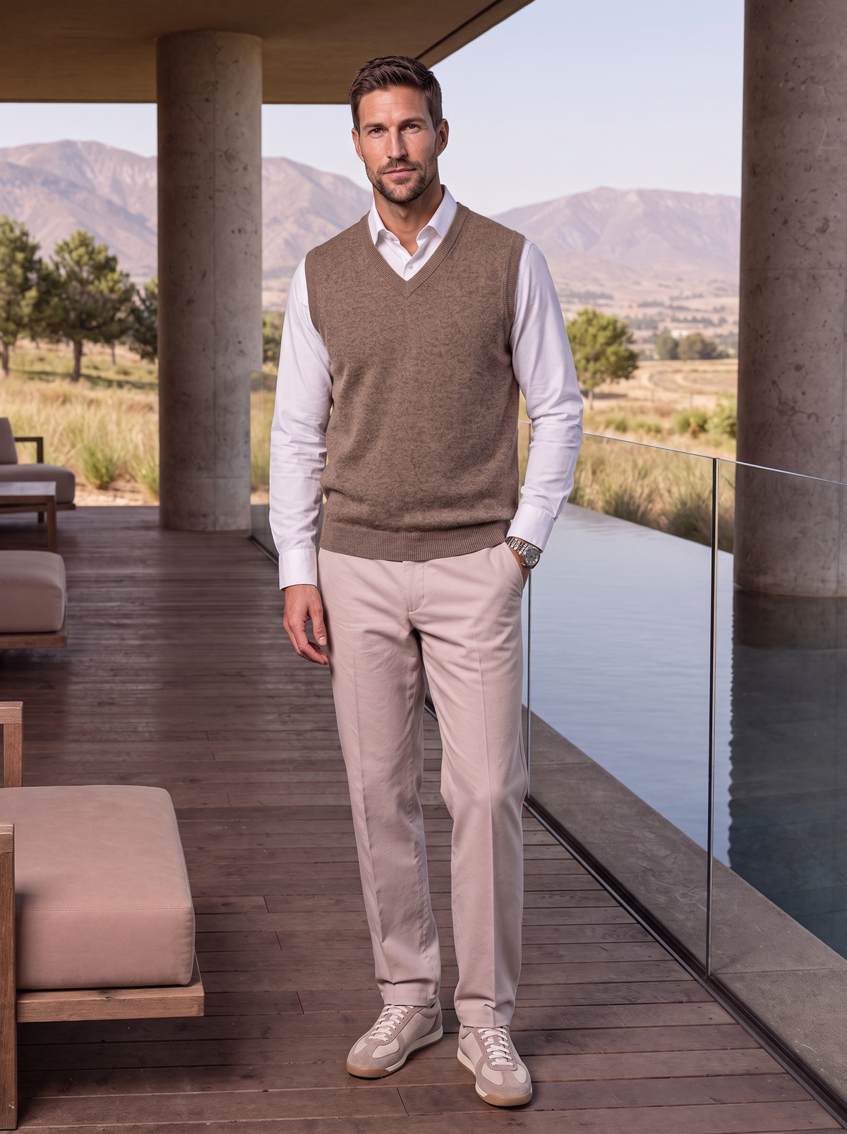Man wearing the taupe merino wool vest outdoors.