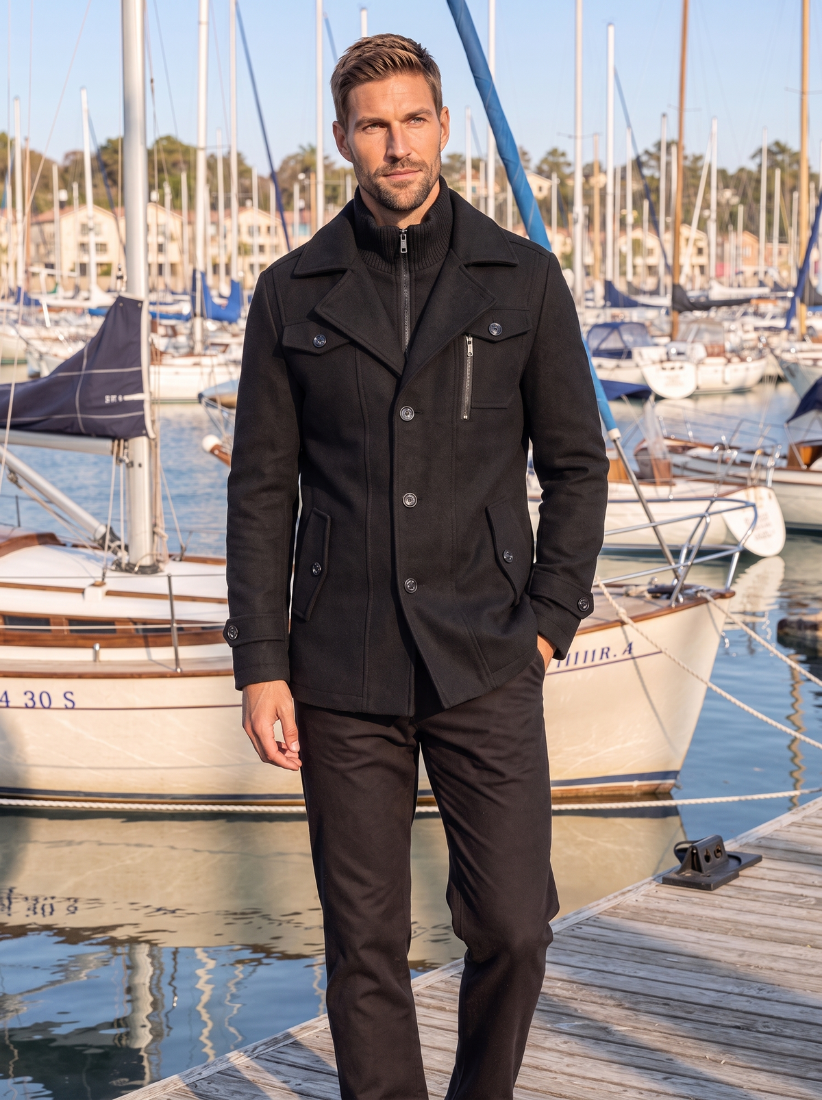 Man seated by a marina wearing the charcoal layered two-piece coat