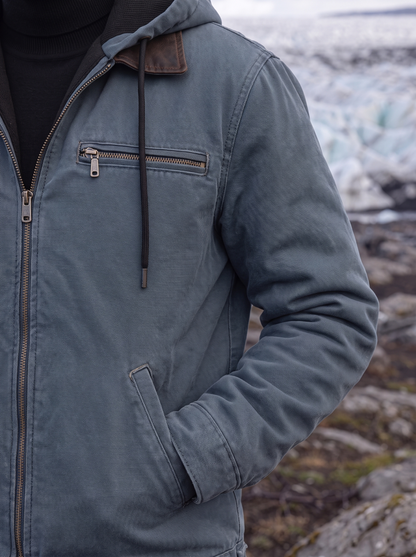 Close-up of the chest zip pocket and contrast collar trim