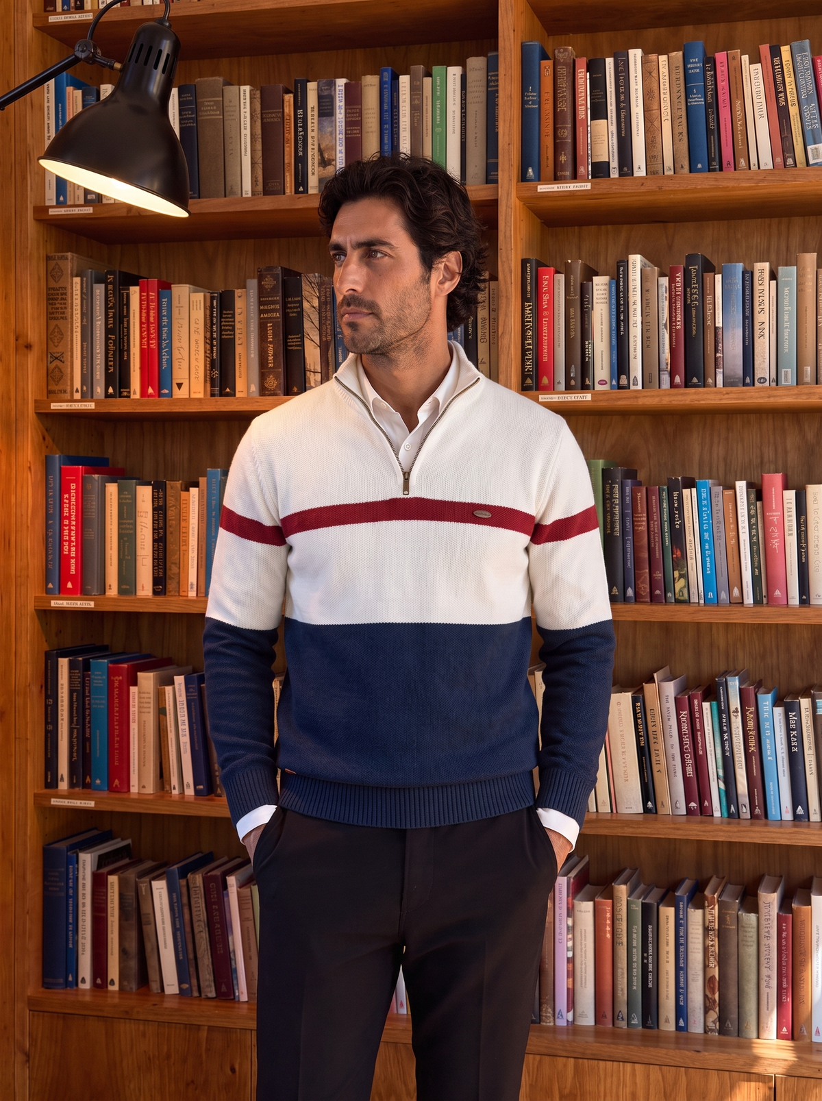 Man wearing the striped quarter-zip sweater in a book-lined study