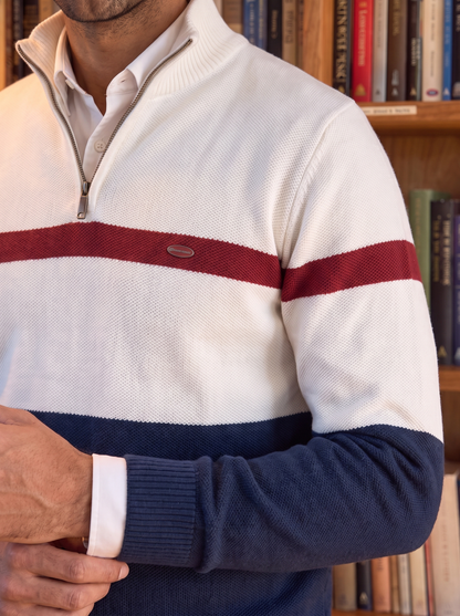 Close-up of the turndown collar and zip pull on the striped sweater