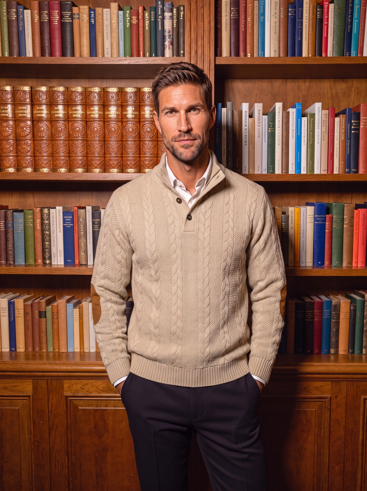 Man wearing the beige cable knit sweater in a library setting