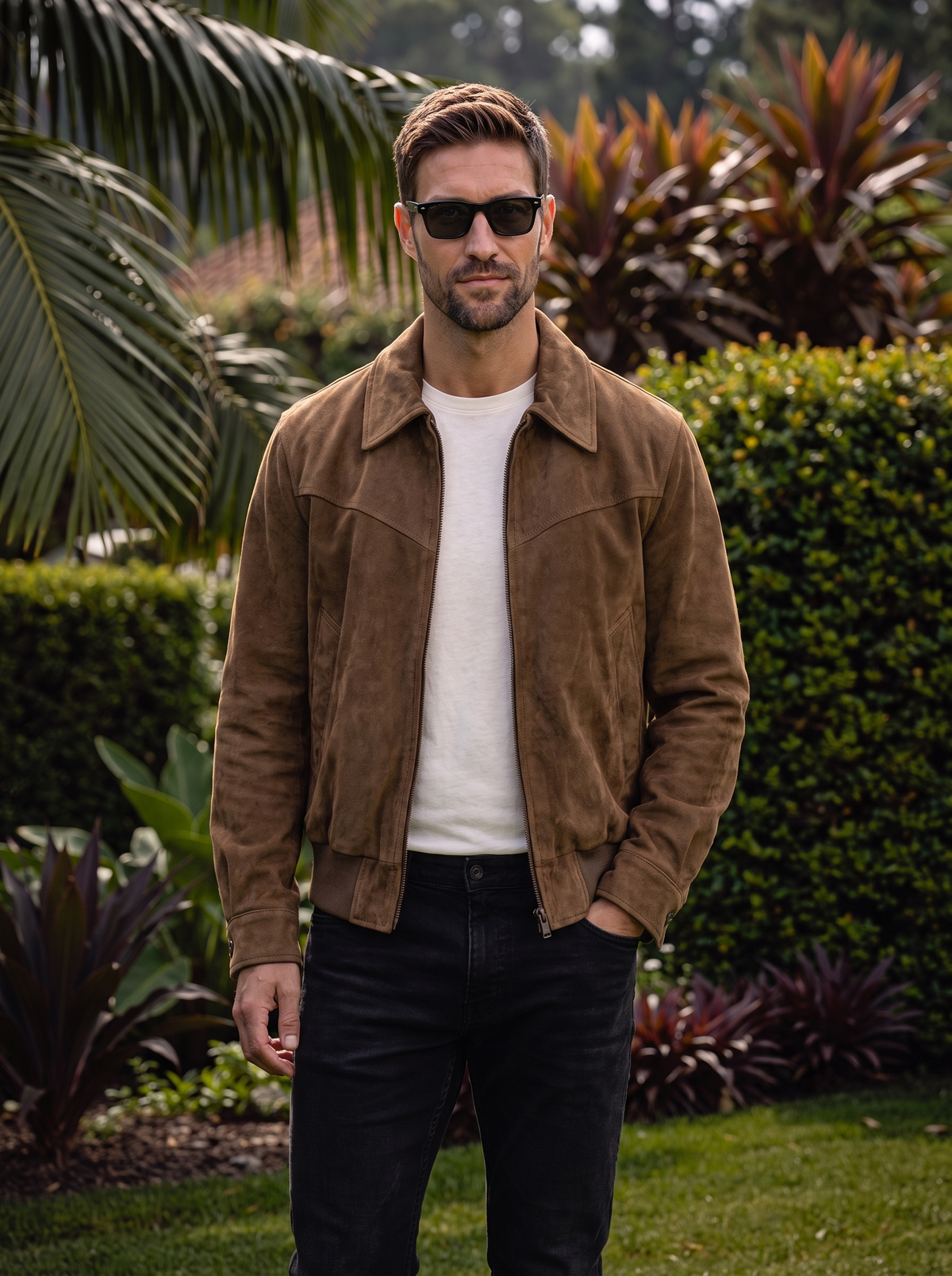 Man wearing the brown suede jacket outdoors with sunglasses.