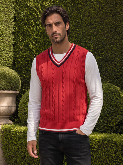 Front view of the red cable-knit cricket vest with striped trim.