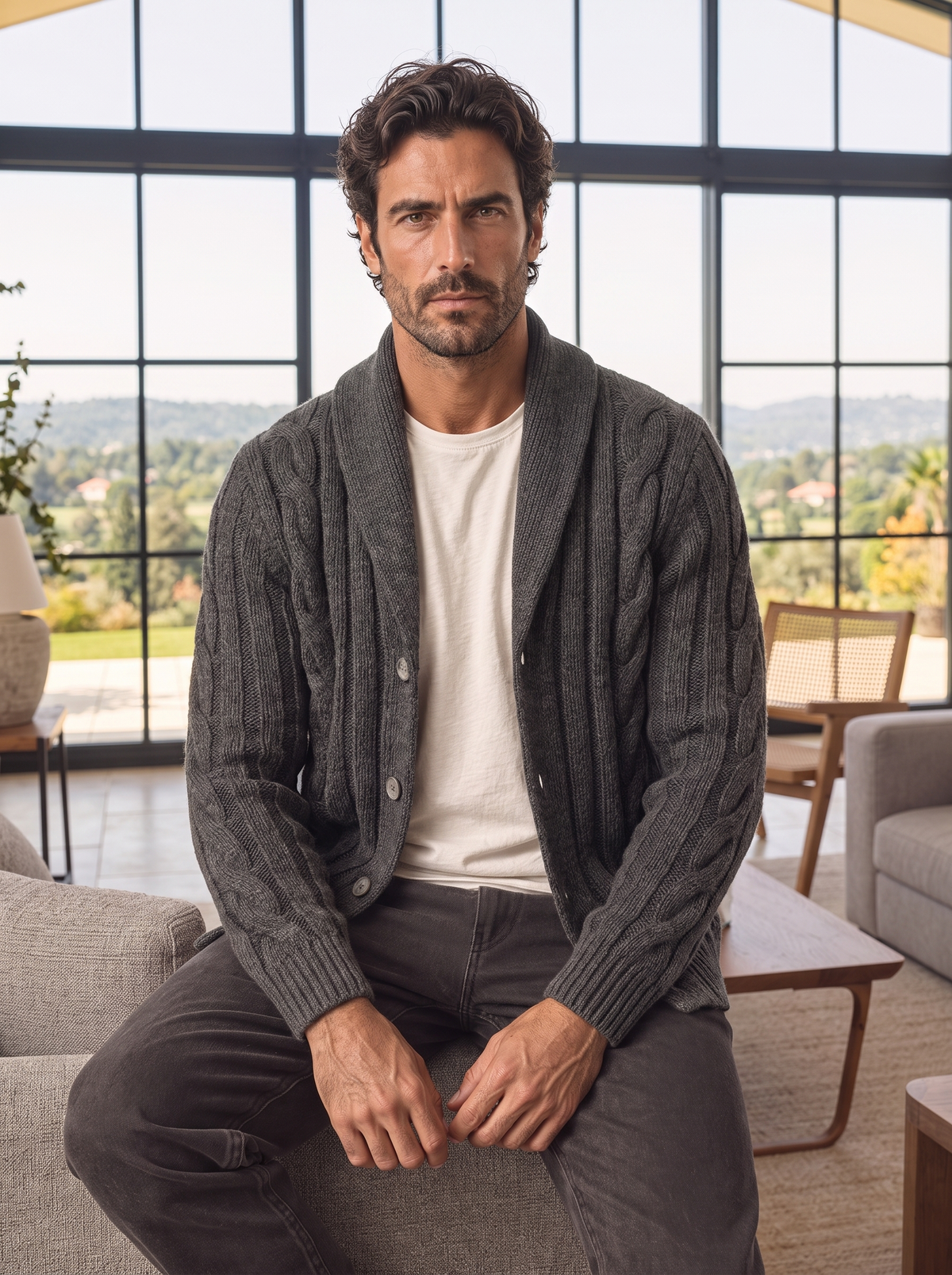 Man seated indoors wearing the charcoal cable knit shawl collar cardigan