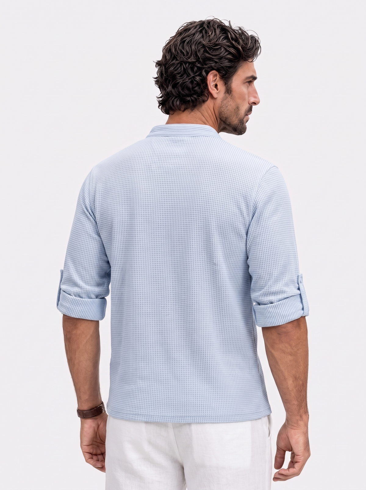 Back view of the blue waffle knit henley popover shirt