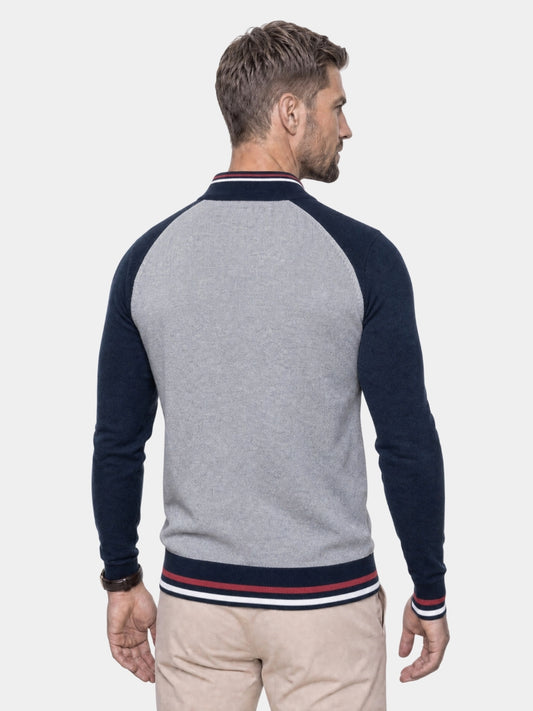 Zipper Color Block Standing Collar Cardigan Sweater - Cross & Crown